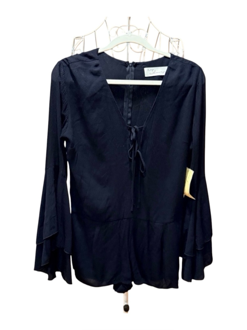 Vintage Havana Black Romper Tiered Bell Sleeve Tie Front Boho Flowy NWT S